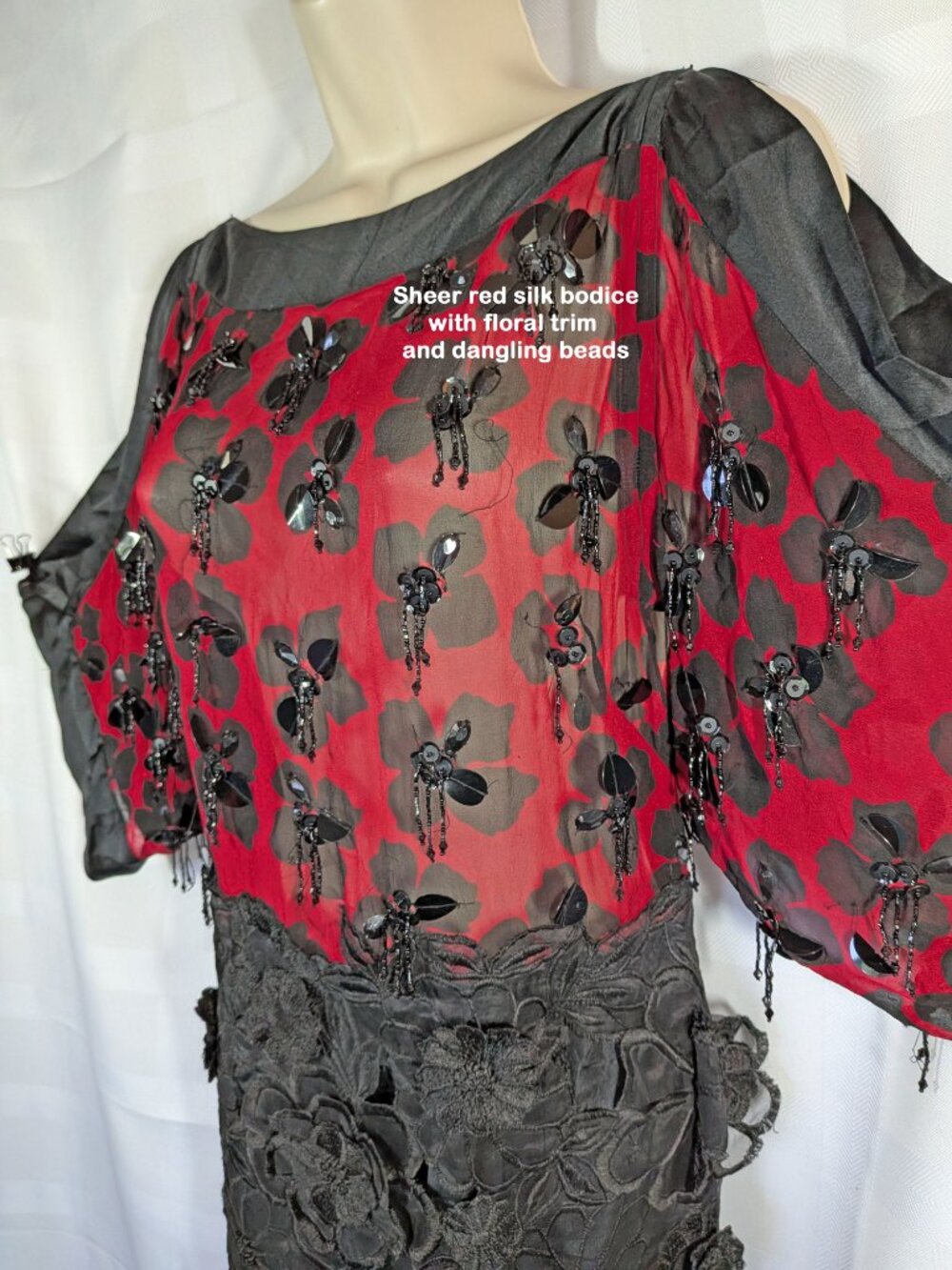 Dries Van Noten Silk Black & Red Floral Applique Dress, 38" bust, Made in India - Picture 6 of 17
